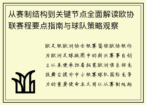 从赛制结构到关键节点全面解读欧协联赛程要点指南与球队策略观察 从赛制结构到关键节点全面解读欧协联赛程要点指南与球队策略观察