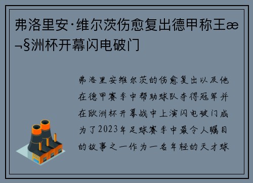 弗洛里安·维尔茨伤愈复出德甲称王欧洲杯开幕闪电破门